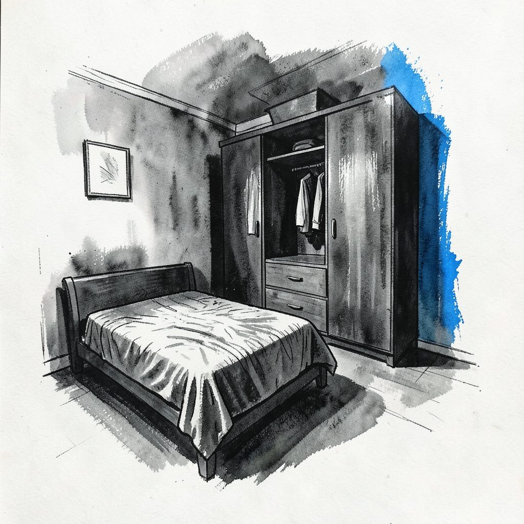 Una camera da letto compatta con letto contenitore e armadio a ponte, in tonalità chiare di legno naturale e bianco
