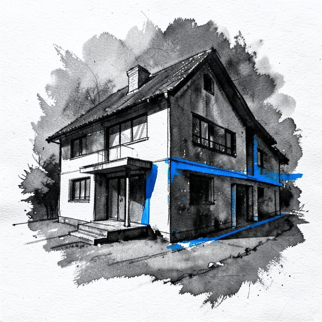 Un disegno architettonico di una pianta di casa con annotazioni di progetto, matita su carta, toni grigi e bianchi