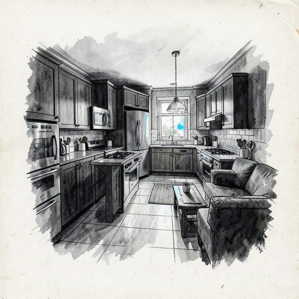 Una cucina moderna con ante bianche lucide e piano di lavoro in legno chiaro, illuminata da una grande finestra che lascia entrare luce naturale