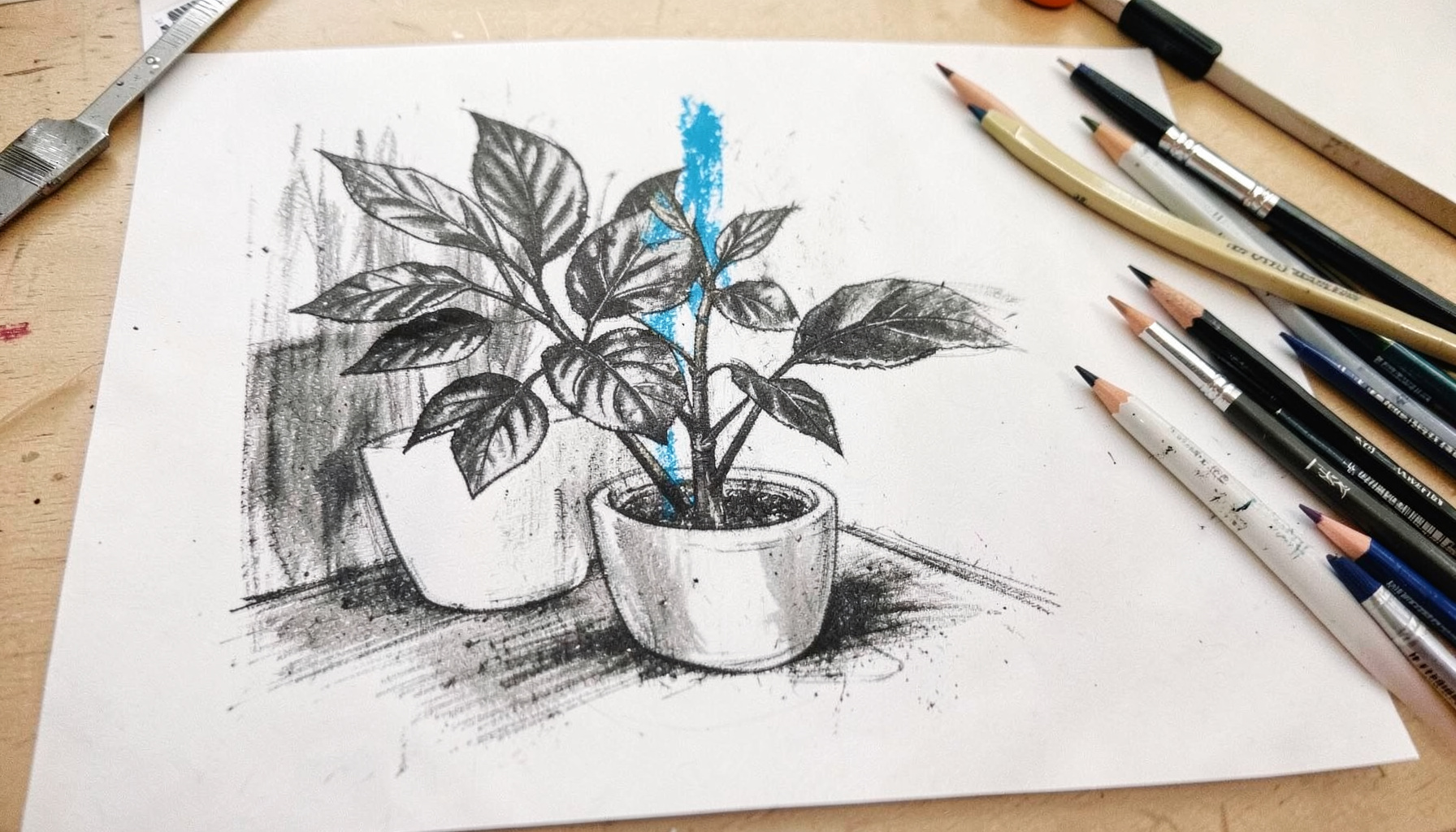 Tavolo da disegno con schizzi a carboncino di una pianta d'interni, matite e strumenti da progettazione sparsi su una superficie chiara, toni grigio antracite e bianco caldo